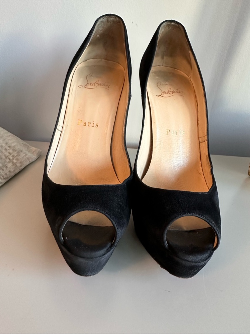 Christian Louboutin Black Suede Peep Toe Pumps with Iconic Red Sole - Picture 3 of 5